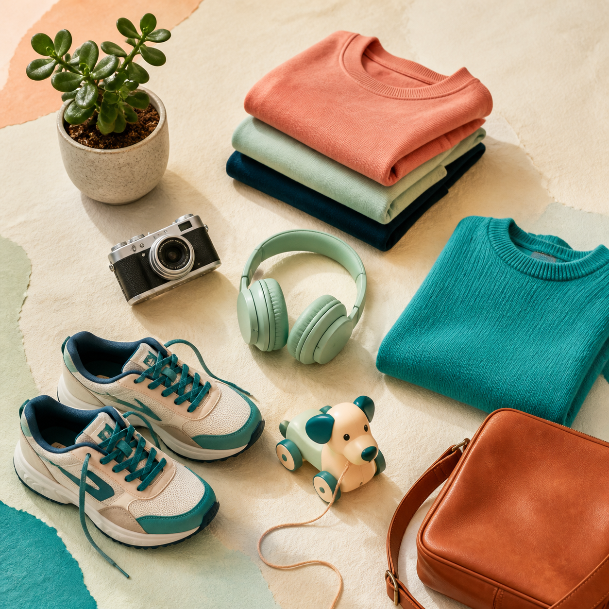 A colourful flat lay of clothing, trainers, a camera, headphones, a toy and a bag.