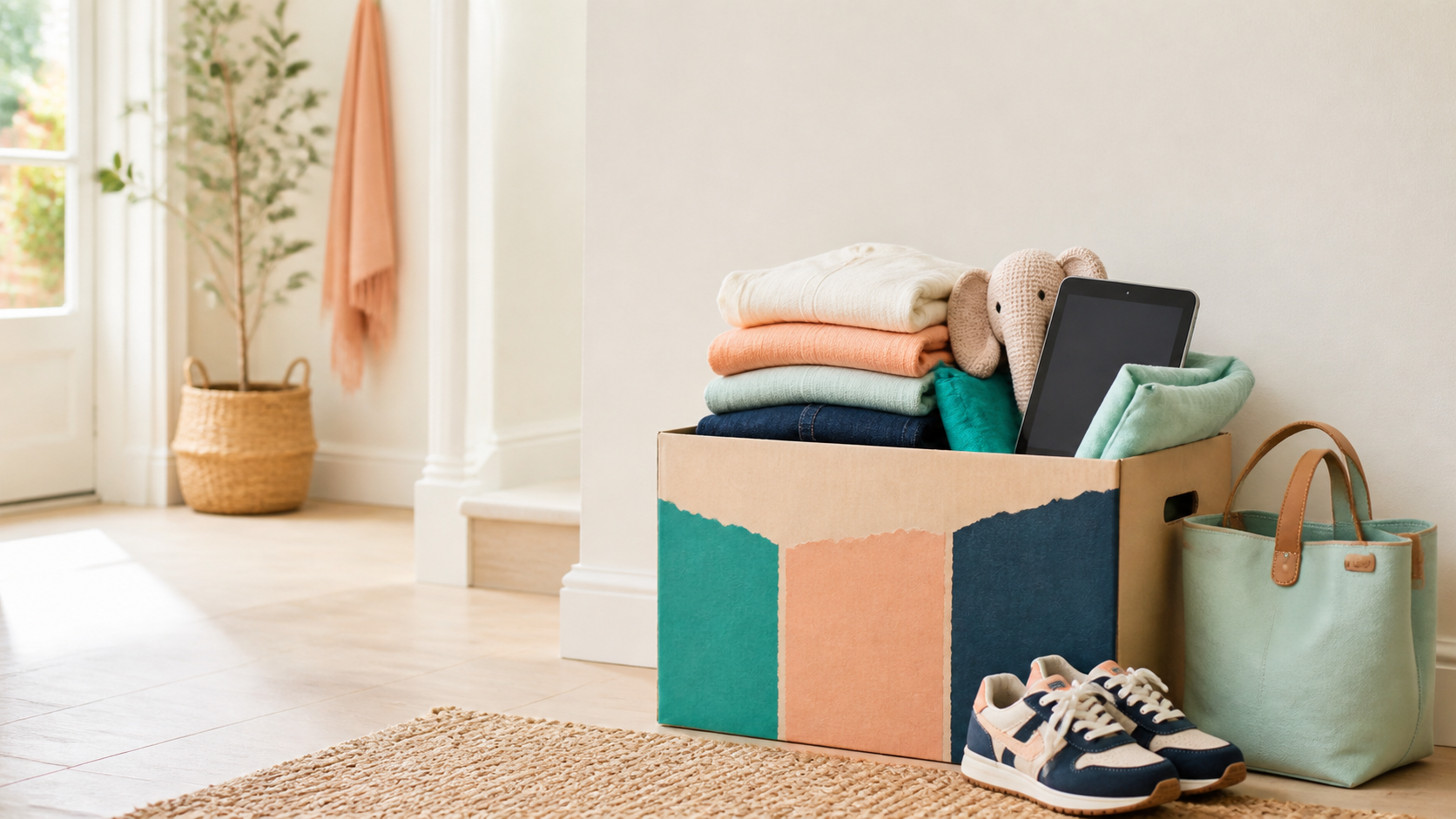 A collection box filled with clothing, trainers, a tablet and a toy in a bright home.