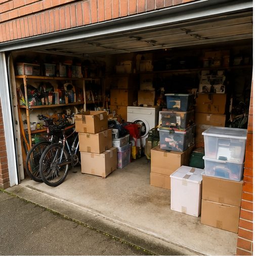 A garage packed to the walls with boxes, storage crates, a bicycle and shelves of household items.