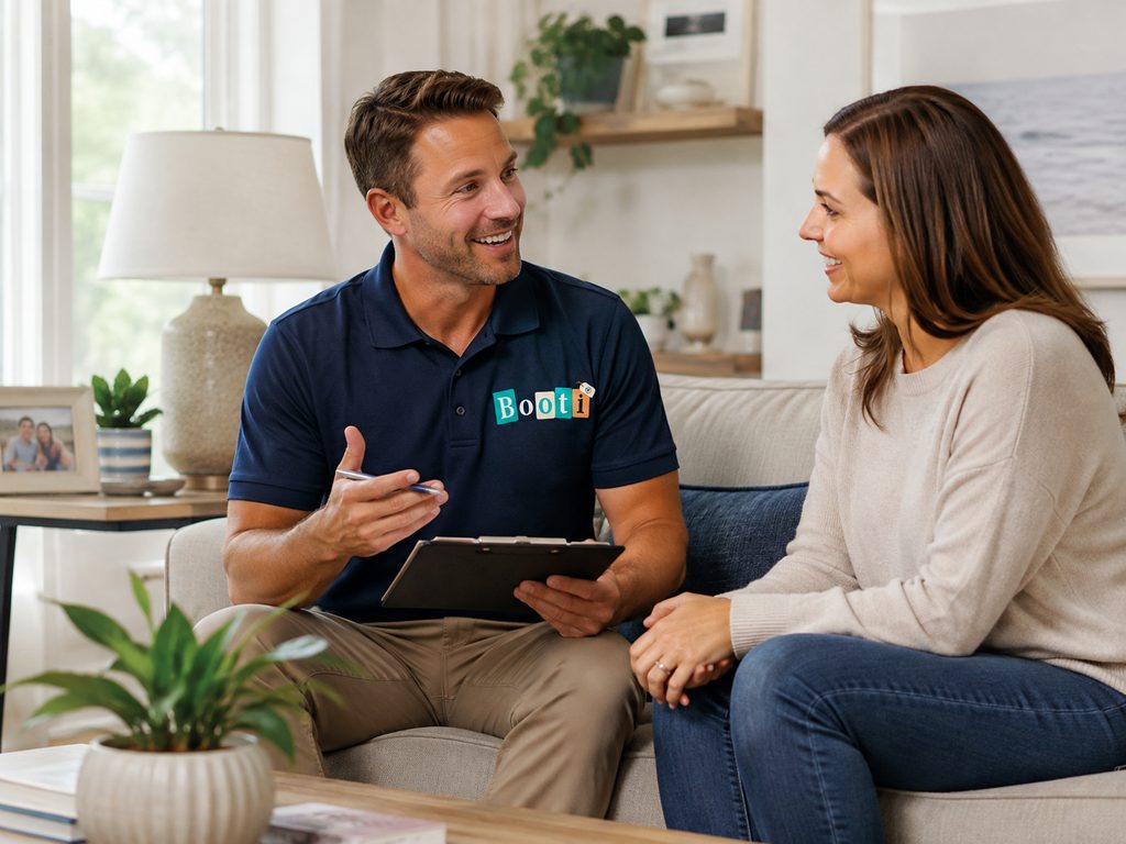 A Booti representative sitting with a customer in her living room, making notes on a clipboard.