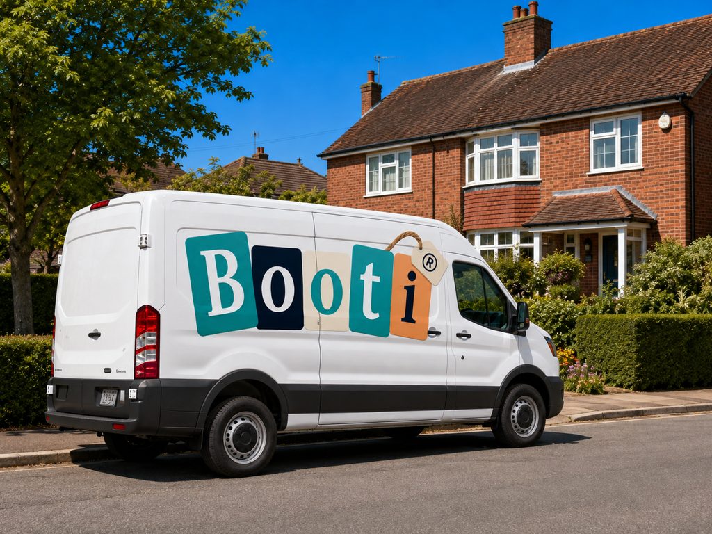 A Booti van parked outside a red-brick house, ready to load a collection.