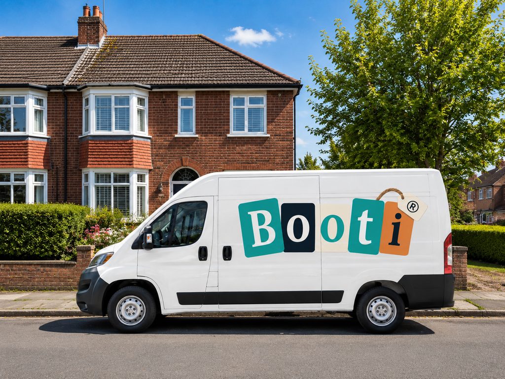 A Booti van with the tag logo along its side, parked on a residential street.